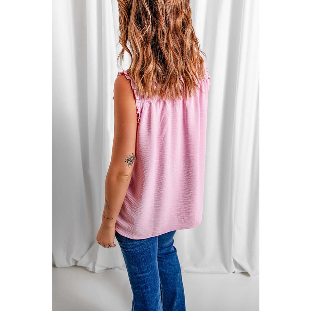 Women's Casual Loose Sleeveless High Neck Button Ruffle Tank Top, Plain Solid Color Versatile Blouse For Europe America, Spring Summer Daily Wear