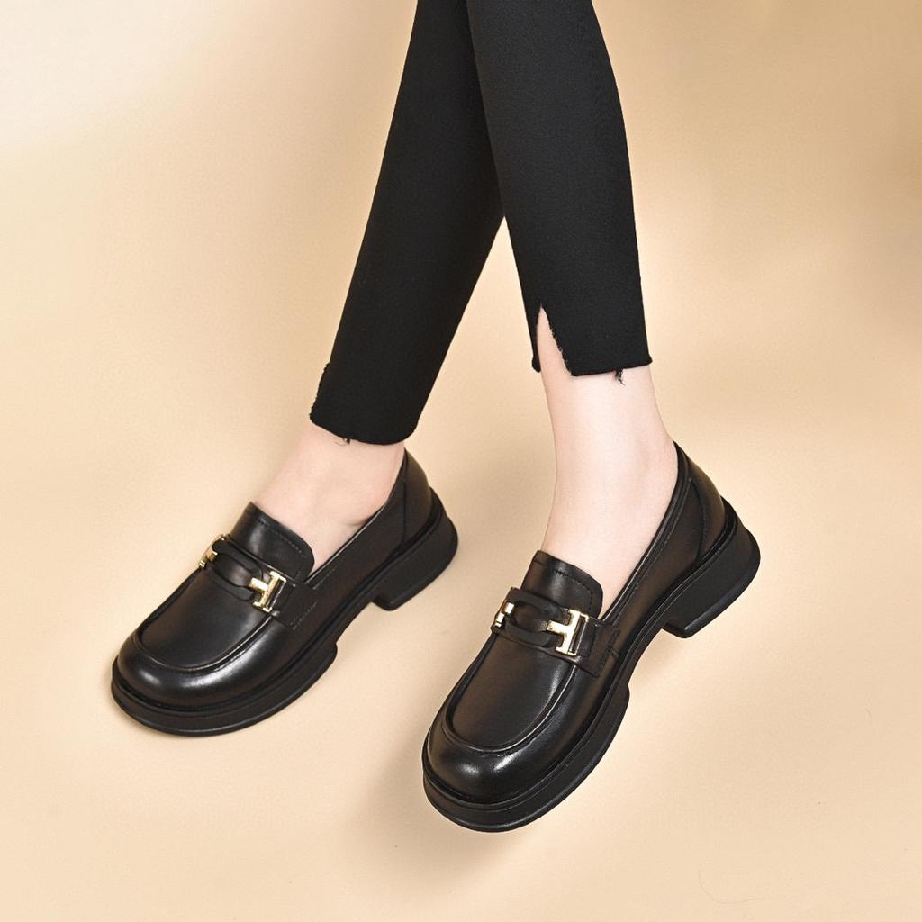 Women's Spring and Autumn New Round Head Flat-soled Small Leather Shoes Comfortable Foot Cover Cowhide Single Shoes Women's Leather Shoes