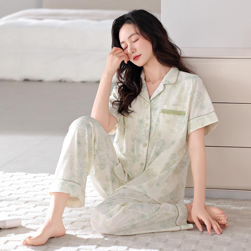 Pajamas women's summer cotton short-sleeved trousers thin summer 1011 new large-size summer cardigan loungewear