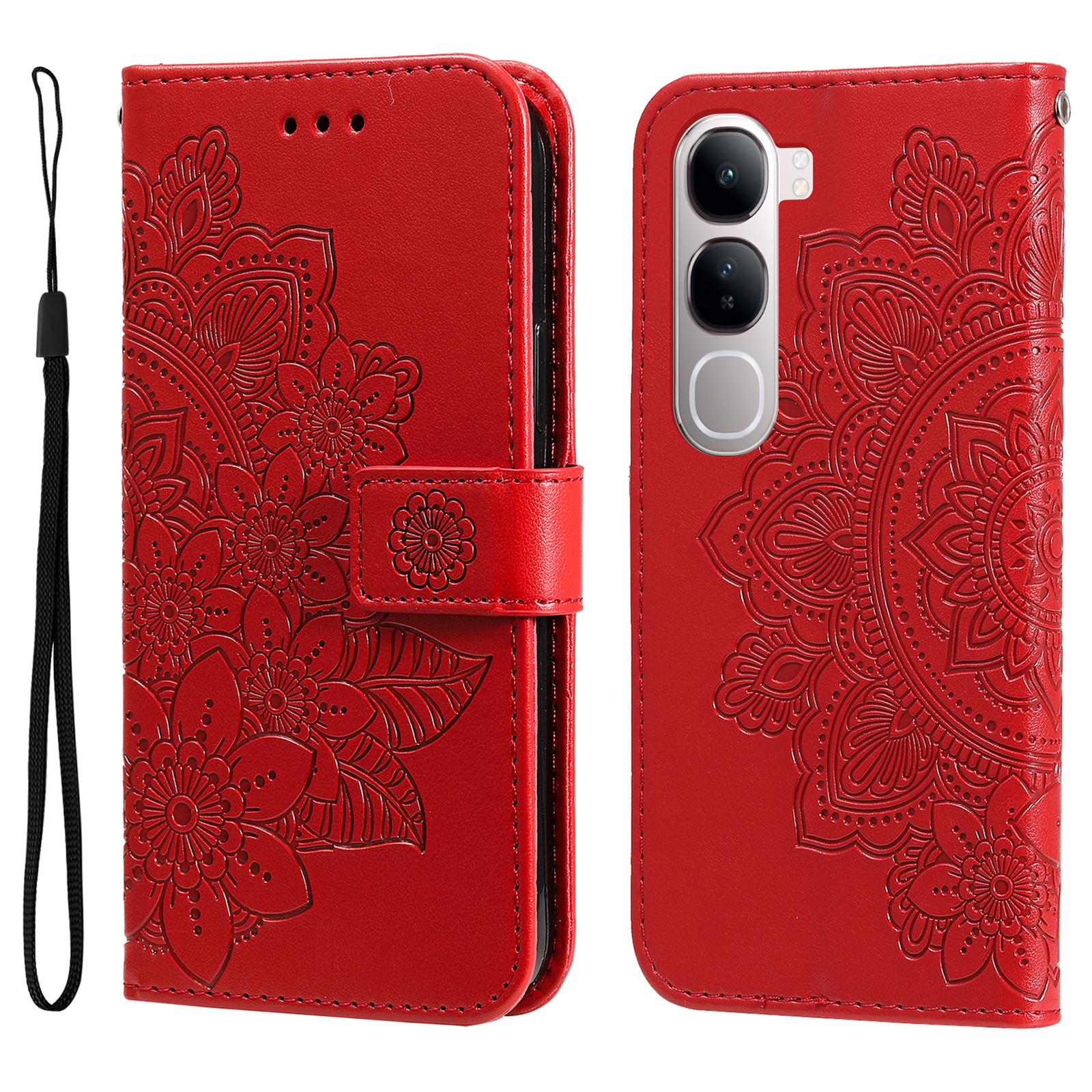 

Leather Case for vivo Y300 5G/Y200 5G/V40 Lite (Indonesia) 5G/4G Floral Pattern Phone Cover Red