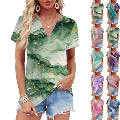 Damen Sommer Print Kurzarm V-Ausschnitt Hemd Business Casual Lockeres T-Shirt Trendige Mode Kleidung Oberteile