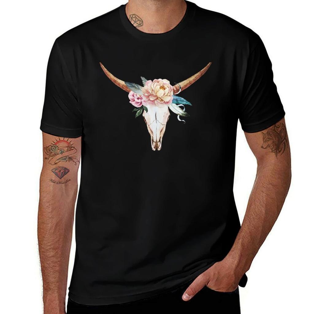 Skull with watercolour flowers TShirt Casual Trendy Short Sleeve TShirt