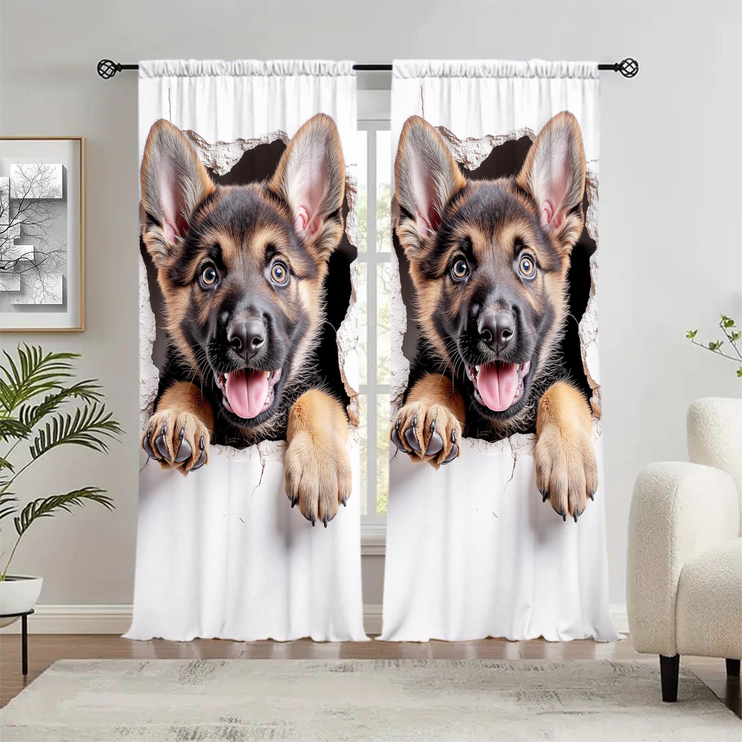 

Set Of 2 Cute German Shepherd Decorative Curtains Sunshade Privacy Protecting Pole Style Made Polyester W100*H70(CM)-Hooks&2PCS