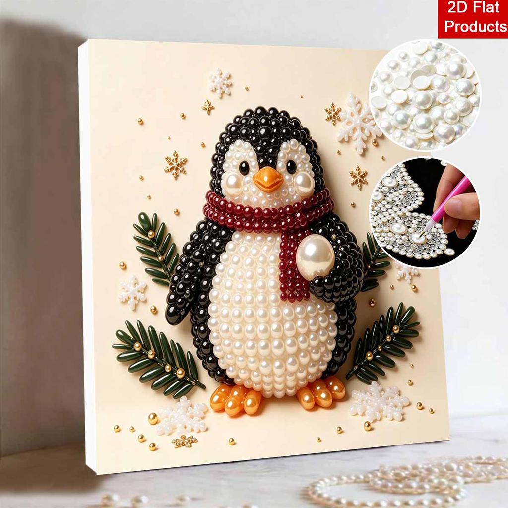 Framed Pearl Painting Kit DIY with Winter Penguin Scarf Design 3D Shiny Bead Art Canvas Ready to Display Elegant Home Decor Gift Idea