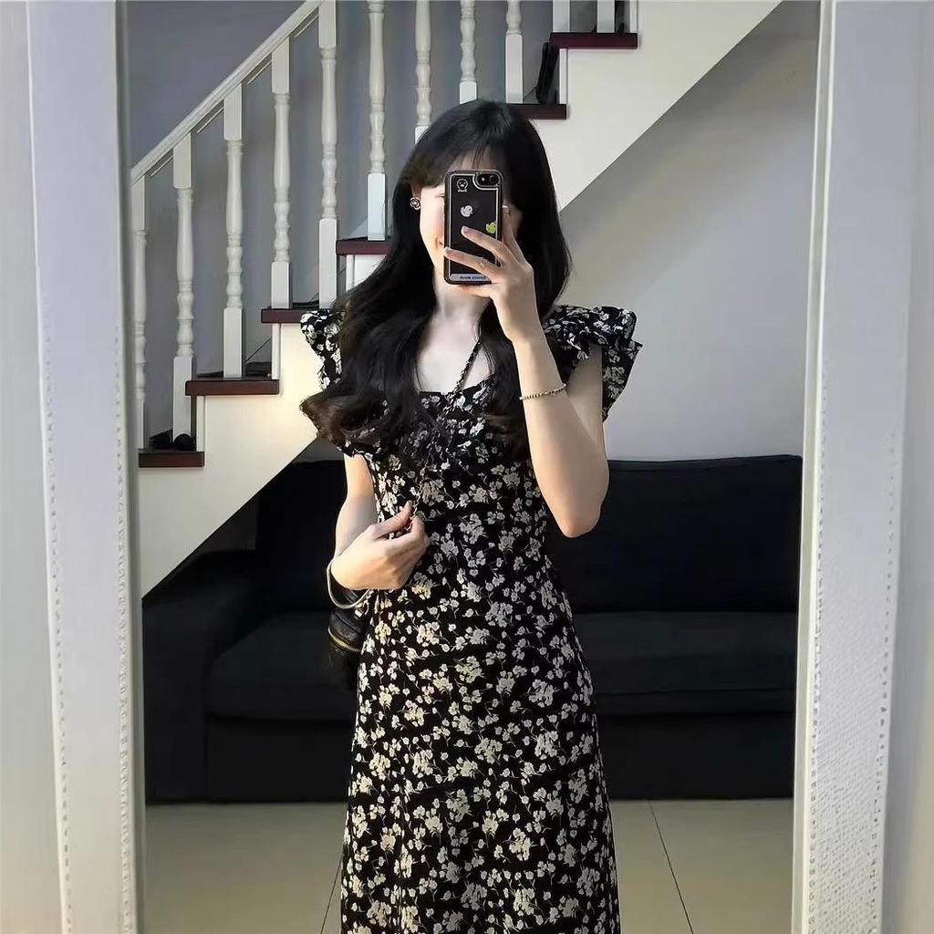 Black Floral Print Puff Sleeve Midi Dress for Women - Summer 2026, Waist-Cinched Slimming Style with Printed Roses