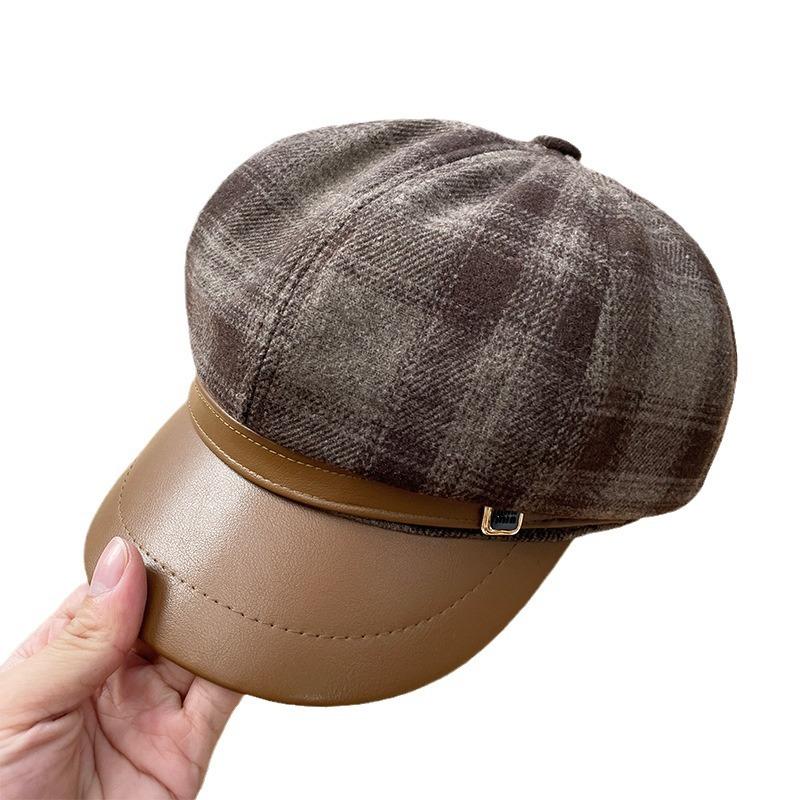 Stitched Plaid Fashion Octagonal Hat for Women in Spring and Autumn Travel Temperament Versatile Little Painter's Hat Showing Face