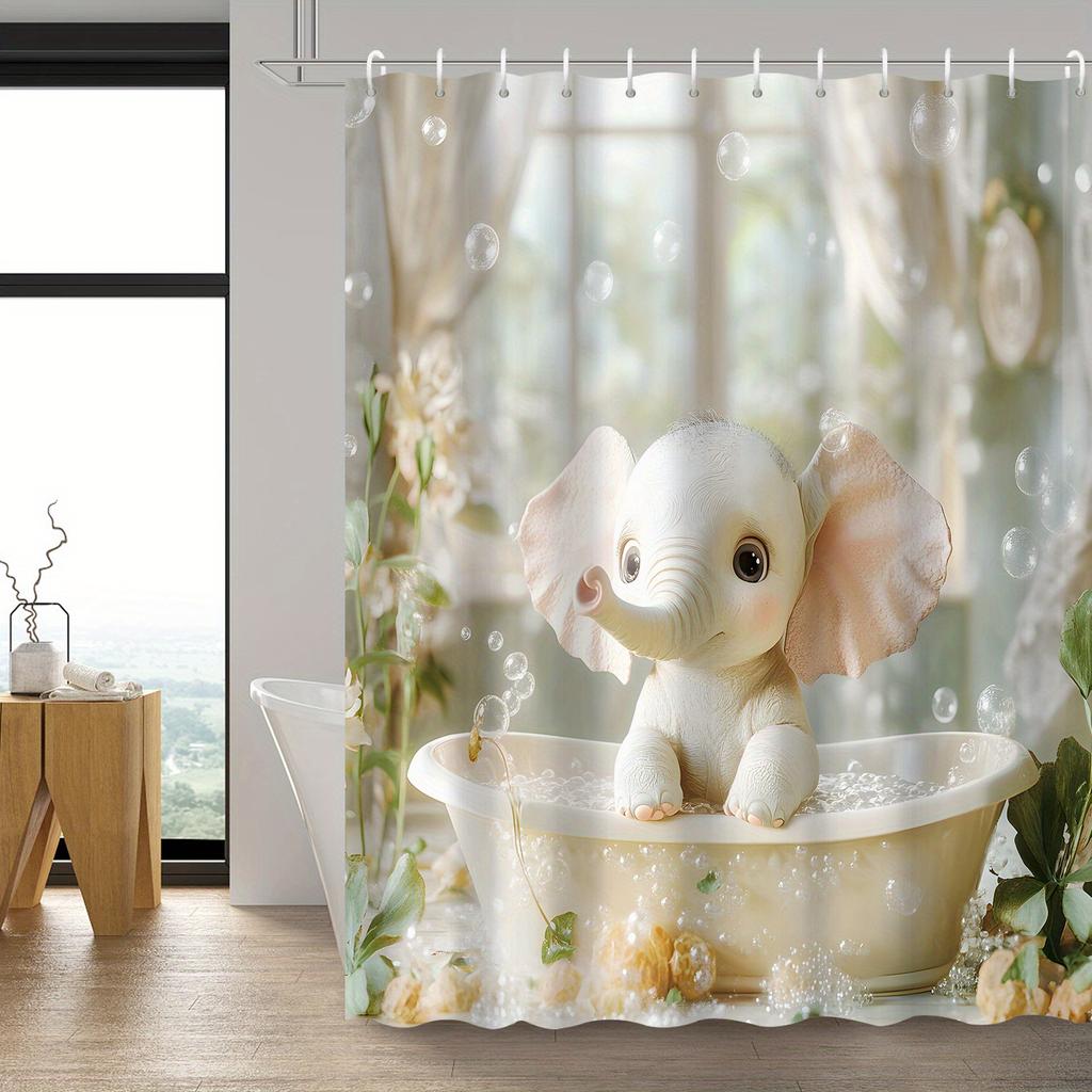 Cartoon Happy Elephant & Flower Shower Curtain, 12 Hooks, Green Plant Bath Decor for Kids or Family Bathroom