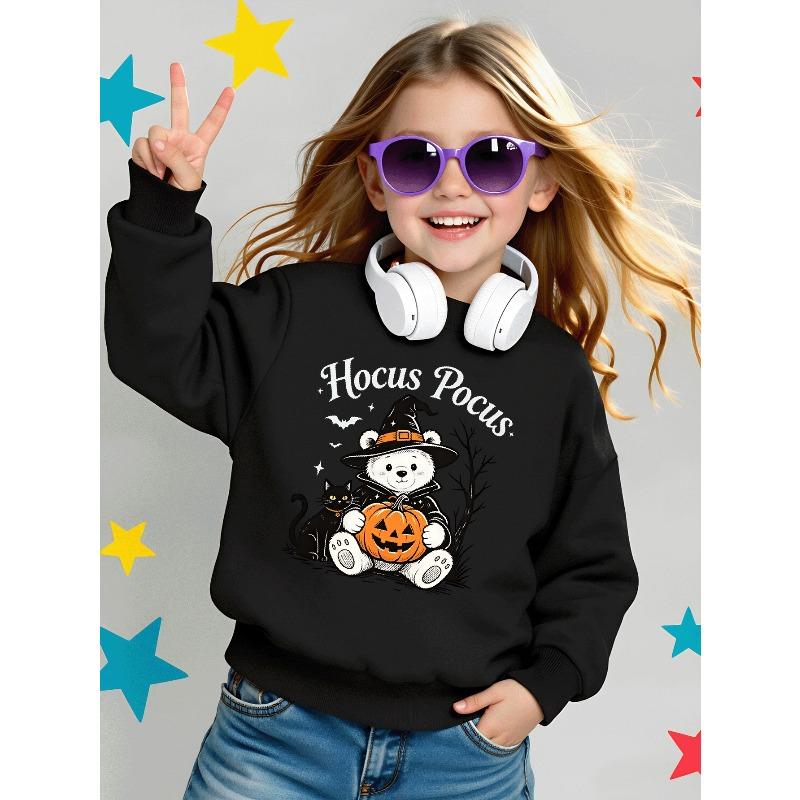 European Sizes Girls' Long-Sleeve Crewneck Sweatshirt "Hocus Pocus Bear" Printed Top, Casual for Celebrations & Everyday Wear