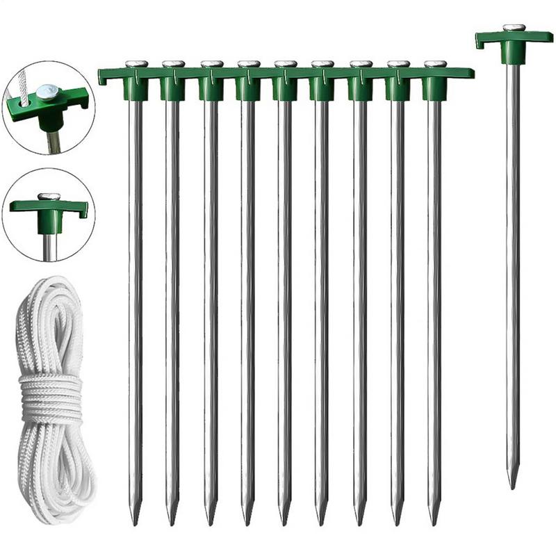 Tent Ground Pegs 10-piece Heavy Duty T-Shaped Pegs With 4 Ropes For Campsite 10.25-Inch Ground Spikes For Camping Backyard Lawn