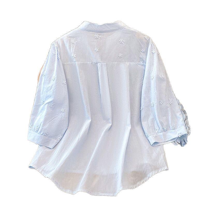 2025 summer new stand-up collar five-quarter sleeve embroidered cotton and linen shirt women's fresh loose and thin cardigan top