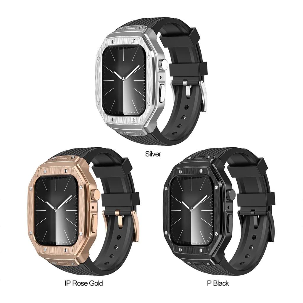 Luxury Modification Kit Metal Case+TPU Strap Replacement Accessories Compatible for I Watch Series 9 8 7 45mm 6 5 4 Se 44mm