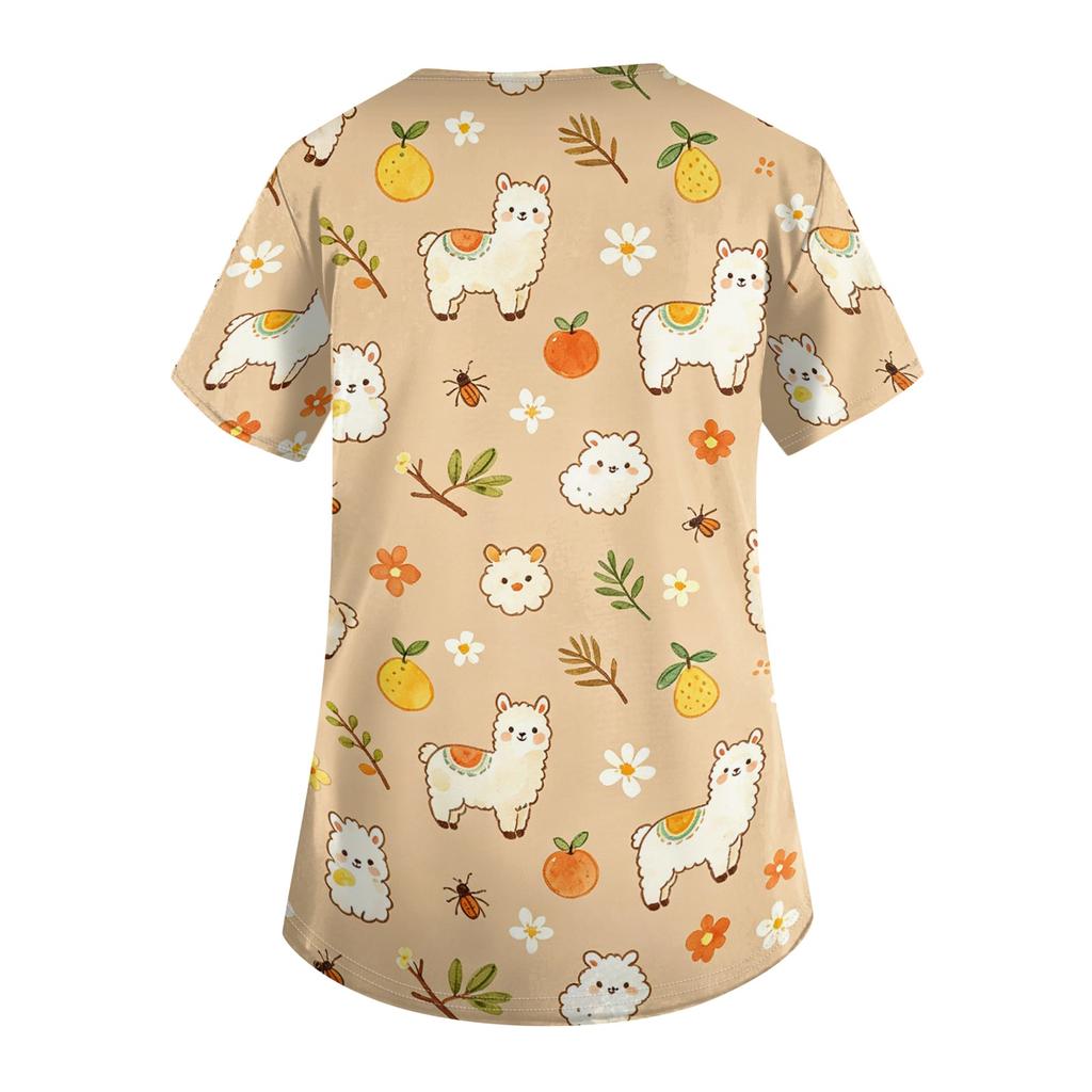 Damen V-Ausschnitt Kurzarm Arbeits-Top mit Taschen Tierprint Medizinisches Kasack-Shirt für medizinisches Fachpersonal Bequeme Passform Strapazierfähiges Gewebe