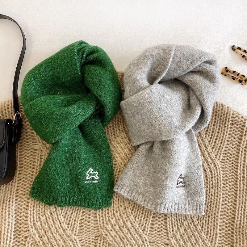 Autumn and Winter Retro Wool Student Scarf for Women Korean Embroidered Rabbit Warm and Versatile Knitted Scarf Solid Color Shawl