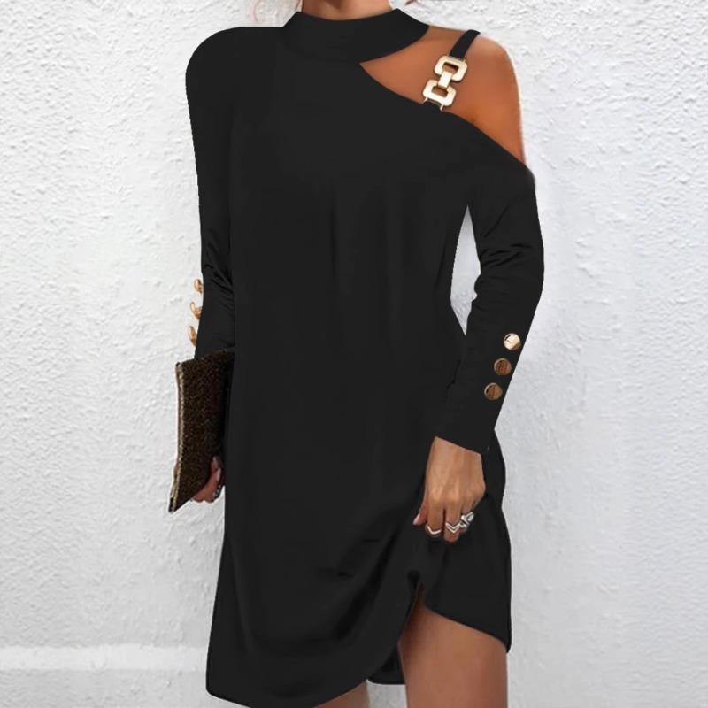 Wish autumn simple metal buckle neck button dress women's clothing