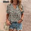 Crushed Flower Casual T Shirts Streetwear Casual Woman Topsshort Sleeve V Neck Tshirt Women's Fashions Loose Plus Size Clothing