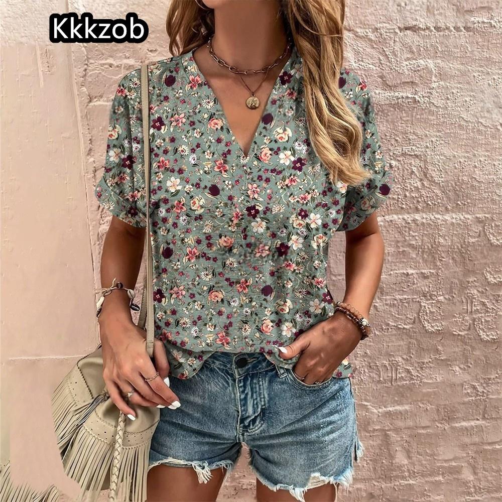 Crushed Flower Casual T Shirts Streetwear Casual Woman Topsshort Sleeve V Neck Tshirt Women's Fashions Loose Plus Size Clothing