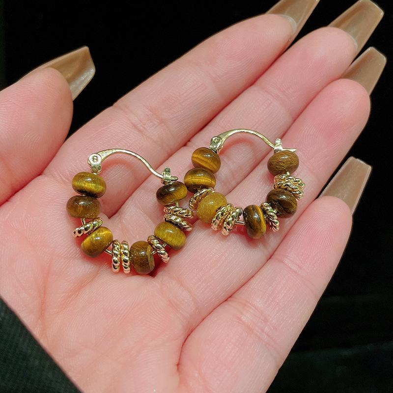 

Real gold electroplated tiger s eye stone geometric ear buckle new Maillard temperament earrings high-end versatile earrings women