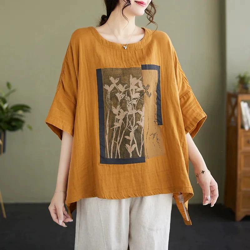 T-shirt a maniche corte in cotone e lino da donna, estiva, taglia grande, vestibilità larga, stile occidentale, con stampa, copre la pancia, maglietta snellente