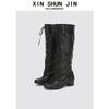 Retro Strap-On Pleated Stacked Boots Women'S Thick Heel Boots But Knee Mid-Heel Round Head Big Tube Circumference Tall Knight Boots