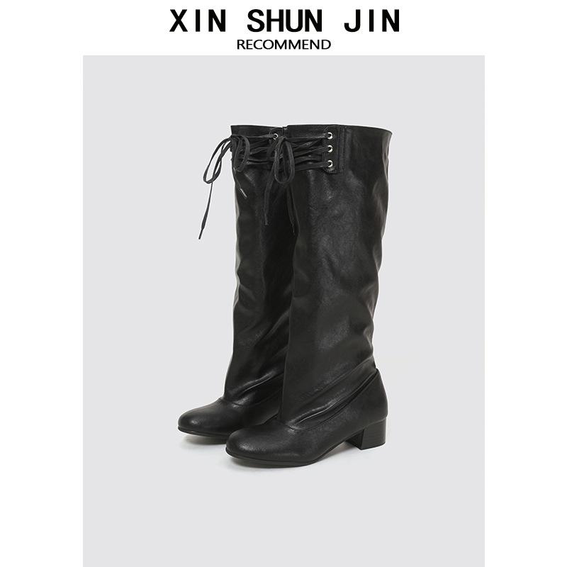 Retro Strap-On Pleated Stacked Boots Women'S Thick Heel Boots But Knee Mid-Heel Round Head Big Tube Circumference Tall Knight Boots