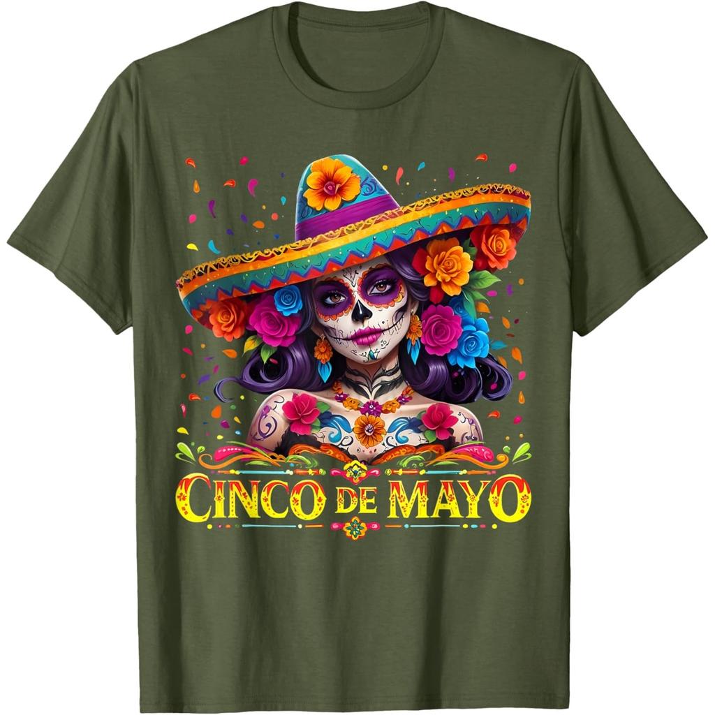 Cinco De Mayo Sugar Skull Women Sombrero Graphic T-Shirt Casual Cotton Tee