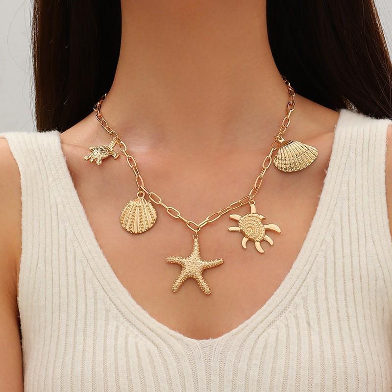 Böhmisches Muschel- & Seesternschmuck-Set: Perlenkette & Armband für Damen