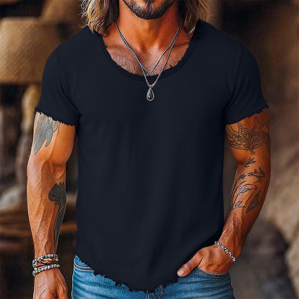 Men Casual Short Sleeve T Shirt Distressed Raw Edge Crew Neck Lightweight Summer Tee for Everyday Wear