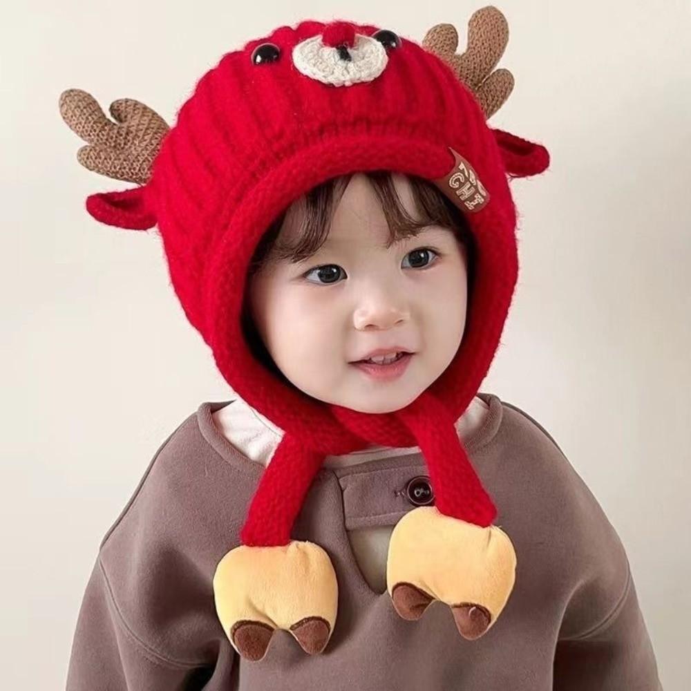 Cute Cartoon Reindeer Pattern Ear Protection Hat Thicken Knitted Knitted Hat Warm Soft Winter Warm Cap Christmas Party