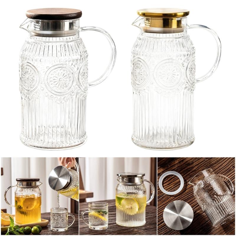 Easy to Cleaning Glass Water Pitcher with Retro Sun Pattern Lid Large Capacity for Family Gatherings and Homes Kitchen Use