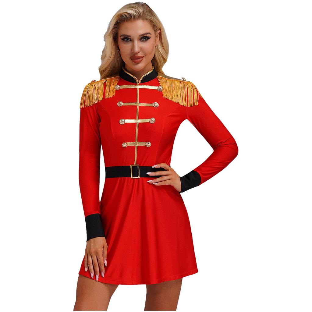 Womens Lion Tamer Costume Tassel Shoulder Long Sleeve Circus Ringmaster Dress Belted Halloween Outfit