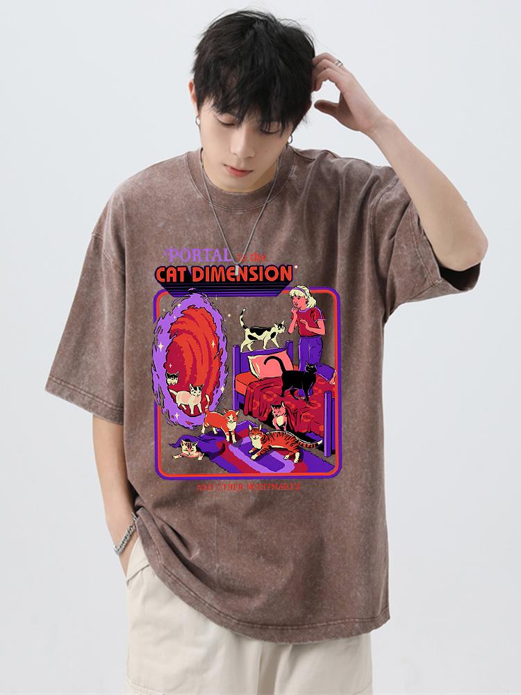 Portal To The Cat Dimension Print Washed Retro Men Tshirt Summer Loose Cotton T Shirt Breathable Clothes Oversize Casual Tees