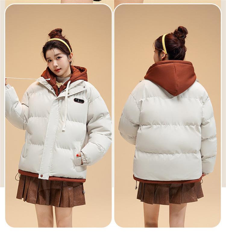 Drawstring Fake Two-piece Women's Autumn and Winter Jacket Short Hooded Jacket Loose Casual Student Warm Jacket 6 Colors