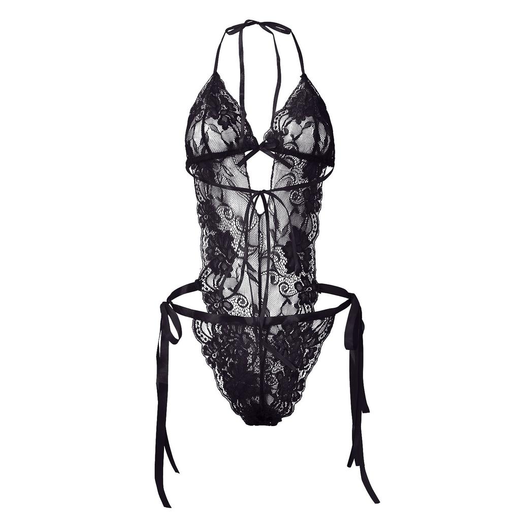 Women Lace One Piece Lingerie Bodysuit Halter Neck Backless Sheer Mesh Teddy with Tie Detail