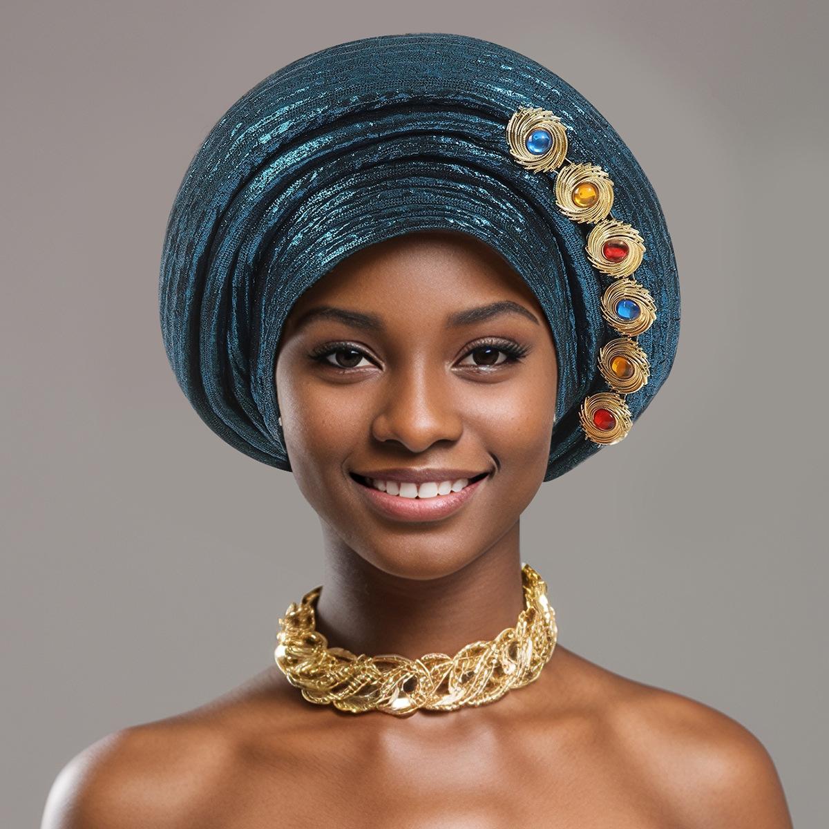 

Nigeria Wedding Party Headscarf Turban Cap for Women Muslim Hijab Head Wrap Bonnet Headgear Hat Headpiece озеро синього кольору