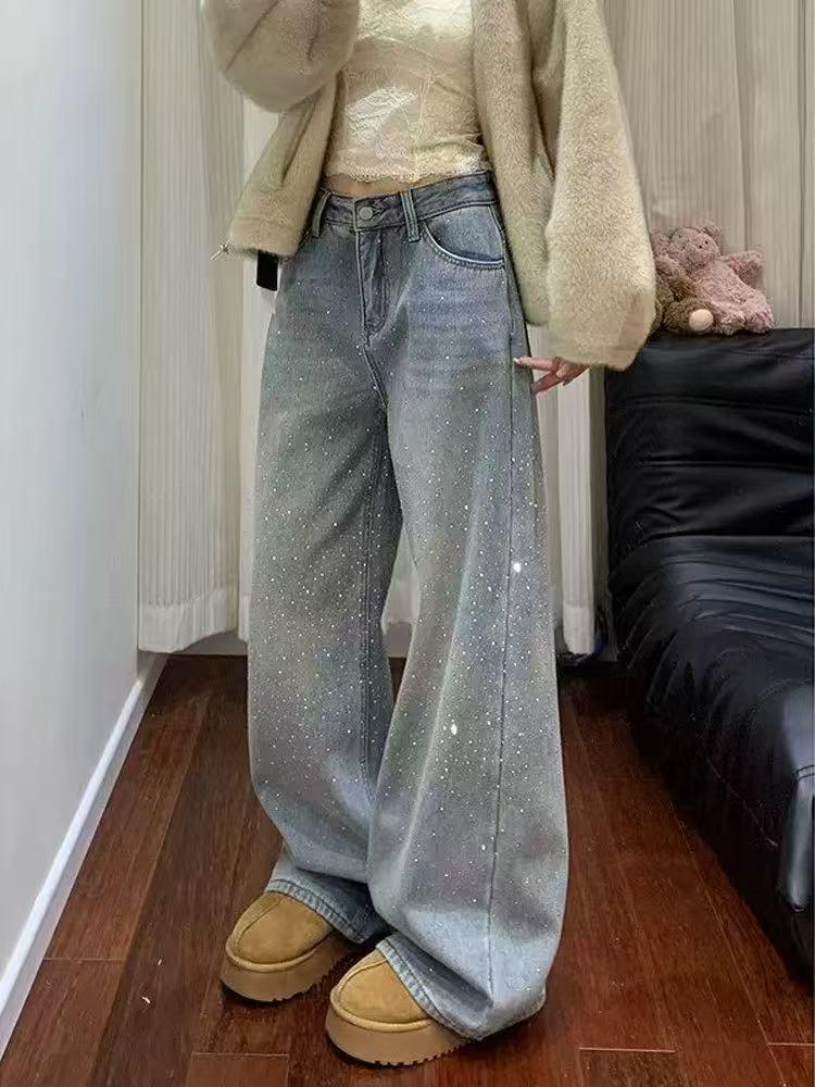 Jeans larghi Fansi Yu 2026 Primavera Stellato con Strass per Donna
