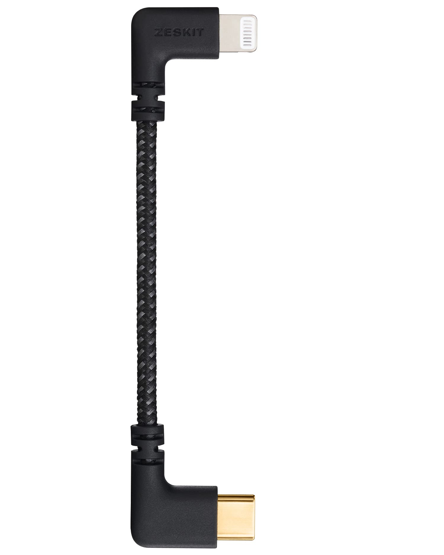 

Zeskit MFi Certified Lightning to USB C Right 10cm Braided Cable, Angle, чёрный