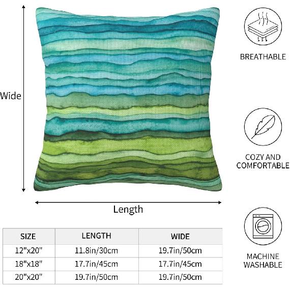 Teal Blue Green Throw Pillow Covers 18x18 Set of 2 Watercolor Aqua Waves Decorative Pillow Covers Abstract Striped Outdoors Pillowcase Cushion Case
