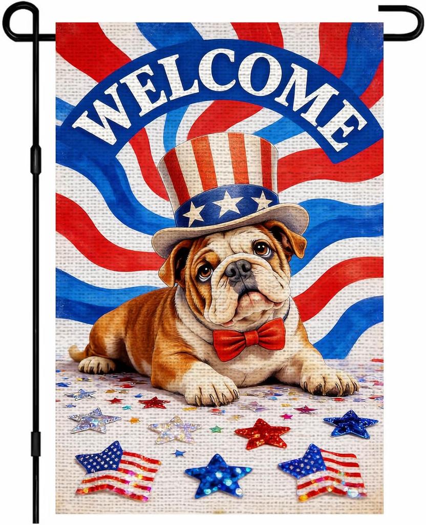 IVN 4th of July Bulldog Welcome Uncle Sam Hat Patriotic Stars Garden Flag 12x18 Vertical Double Sided Memorial Day Independe