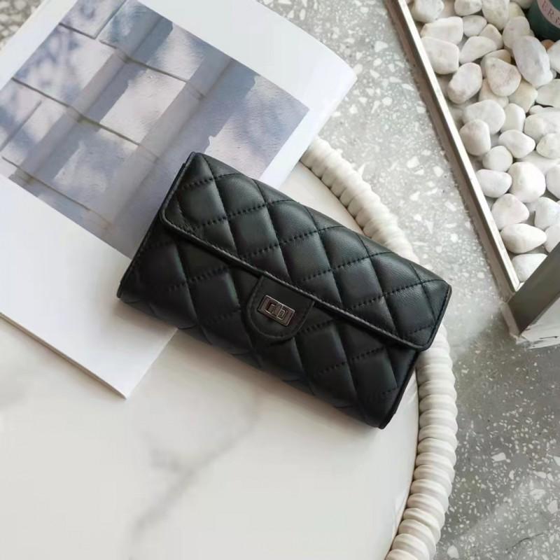 Womens Genuine Leather Long Tri-fold Wallet Lambskin Clutch Bag Chain Crossbody Small Purse Vintage Quilted