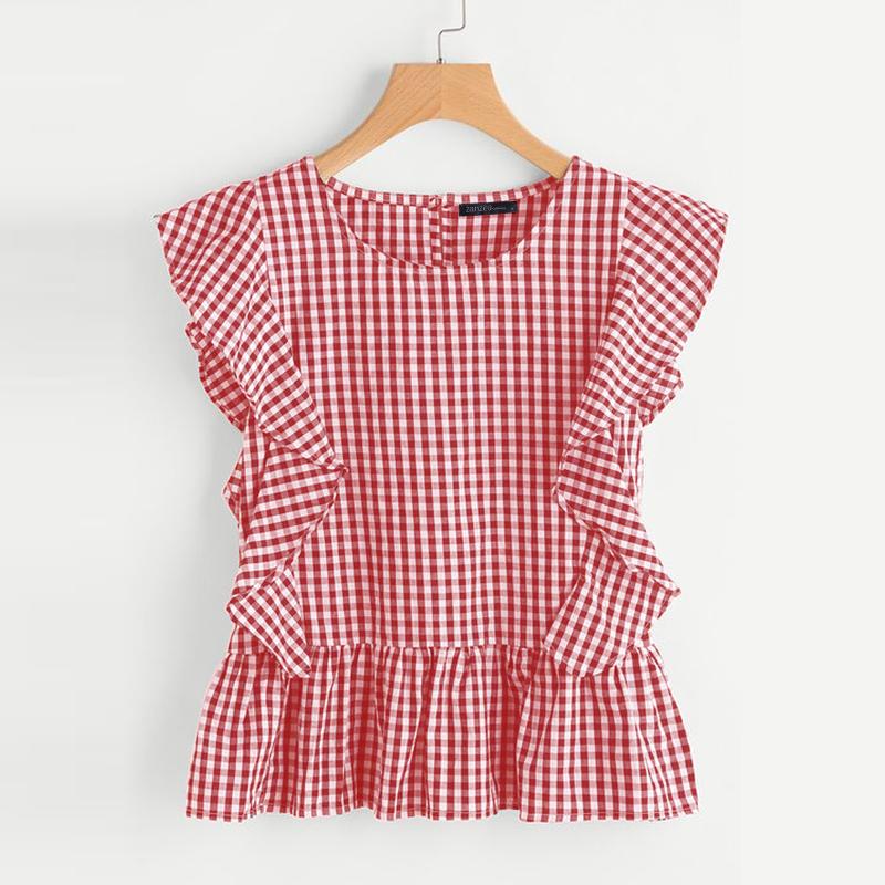 

ZANZEA Летняя повседневная блузка без рукавов с оборками и клетчатым принтом 2XL красный