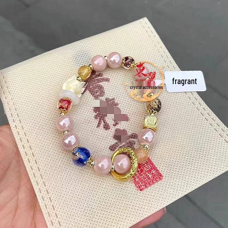 Nine-Tailed Fox Ash Pink Bracelet with Ceramic Beads and Gold Foil Accents
