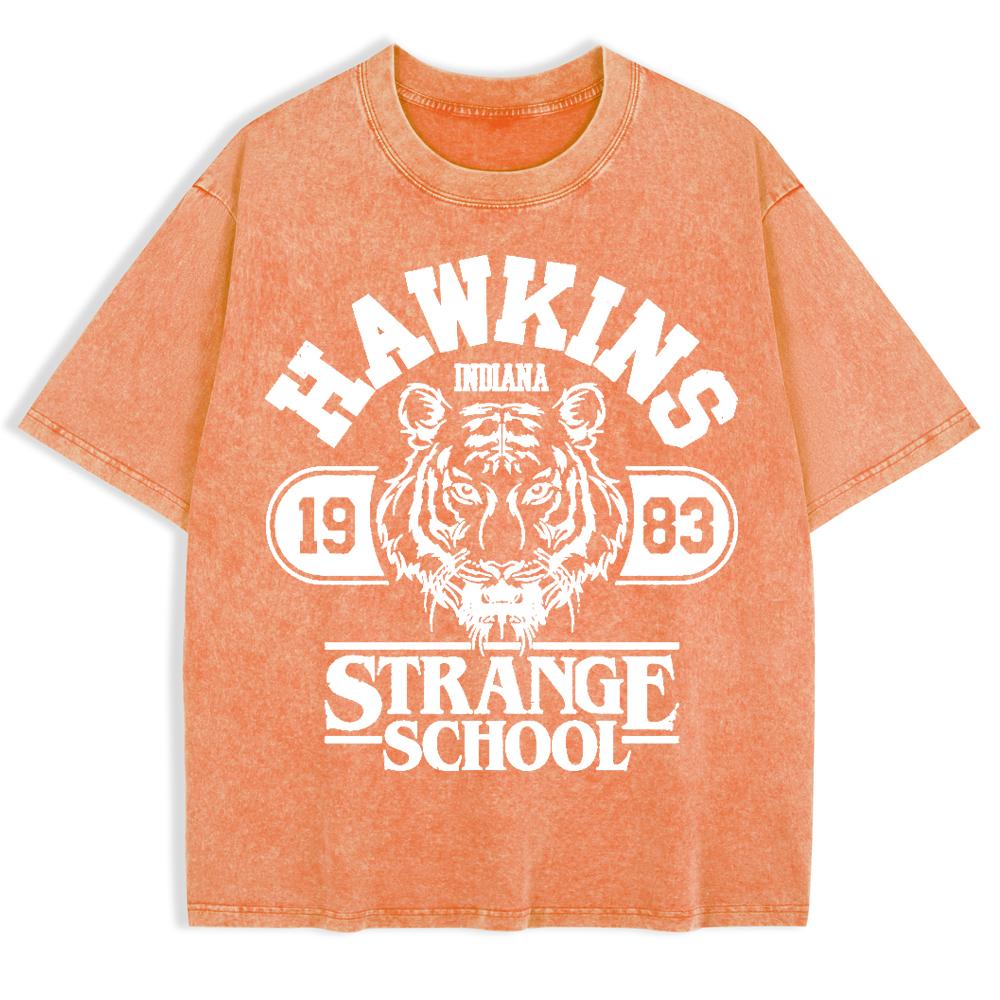 Hawkins Strange School Prints Washed T-Shirts Mens Cotton Short Sleeve Tops Summer O-Neck Oversize T Shirt Clothes