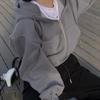 Vintage Korean Women's Oversized Zip Up Hoodie Jacket Long Sleeve Solid Color Harajuku Fashion Autumn Hooded Sweatshirt