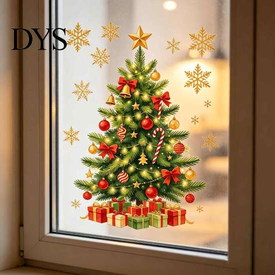 Christmas Theme Wall Decals Window Clings, Cute Santa Claus Snowman Xmas Tree Stickers, Waterproof Festive Glass Film Winter PVC Static Decal