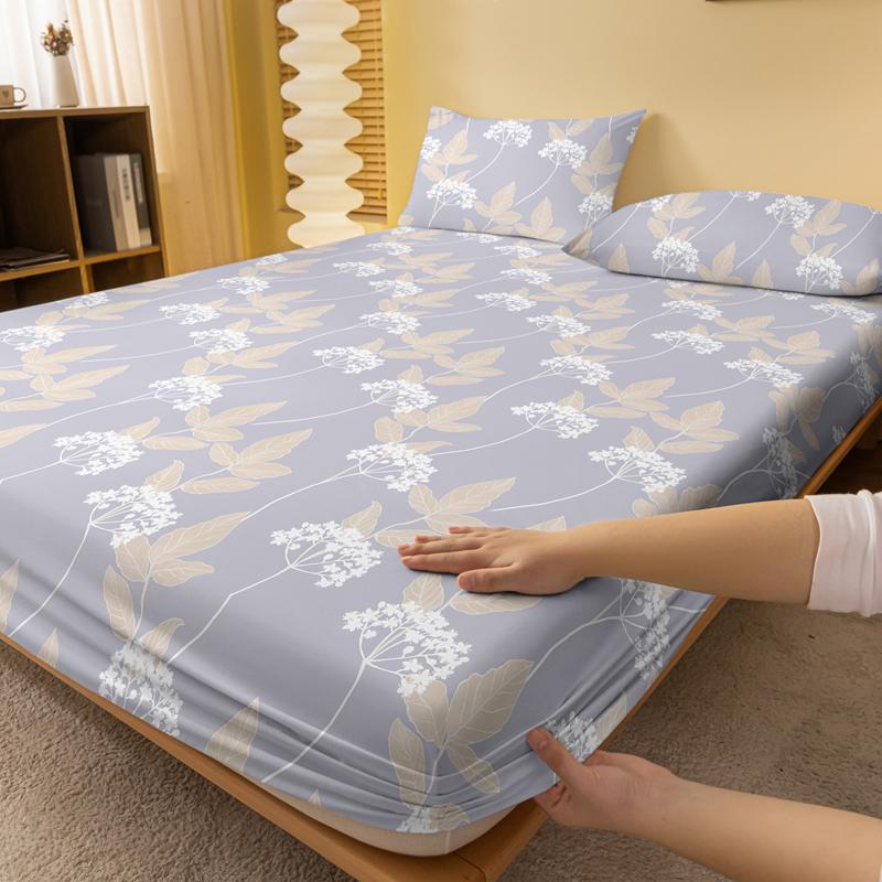 1 Simple Modern Plant Flower Leaf Printed Matte Fitted Sheet, Bedroom Printed Bed Cover, Bedding (Excluding Pillowcases)