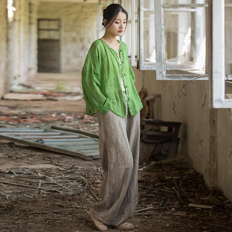 

Ramie Sand Wash Sun Protection Shirt - 100 Count Spring/Summer Cotton Linen Women s Frog Closure, Thin Cardigan One Size зелений