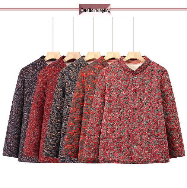 Floral Velvet-Lined Winter Cotton Jacket for Middle-Aged & Elderly