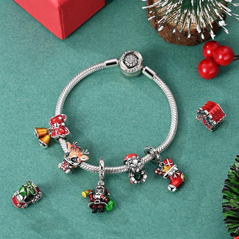 Shiny Christmas Tree Stocking Gift Red Christmas Pendant Bead Fit Bracelet Originalcopper Diy Accessory Set Women Jewelry