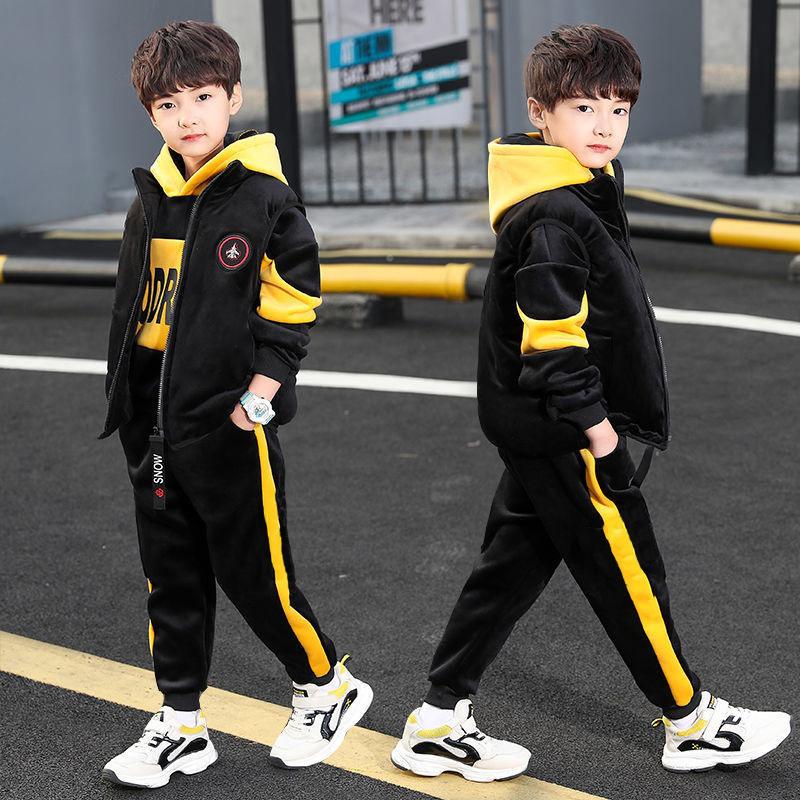 Boys Double-sided Velvet Sets Children Fashion Hooded Suit Kids Autumn Winter Jackets+Pants 3Pcs Outfits Teenager Casual Clothes