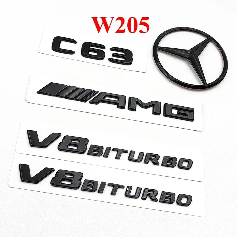 BNXP8 3D ABS Black C63 Logo Letters V8 BITURBO Badge Car Rear Star Sticker Trunk AMG Emblem For Mercedes Benz C63 AMG W205 C205 Class